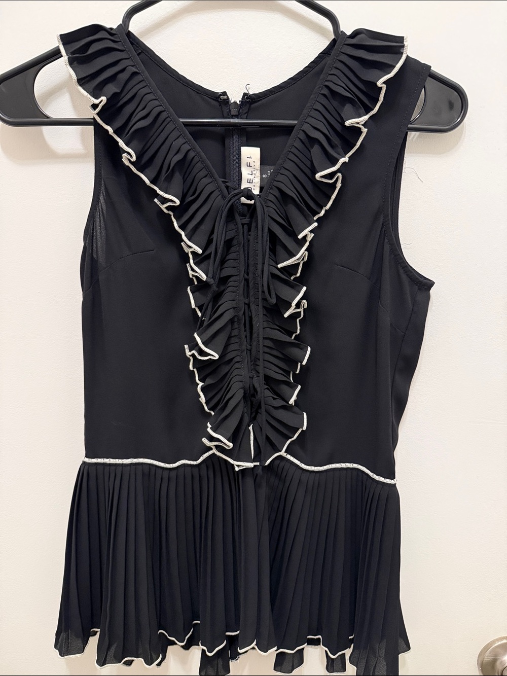 DELFI Collective Black Ruffle Tie Front Pleated Peplum Top